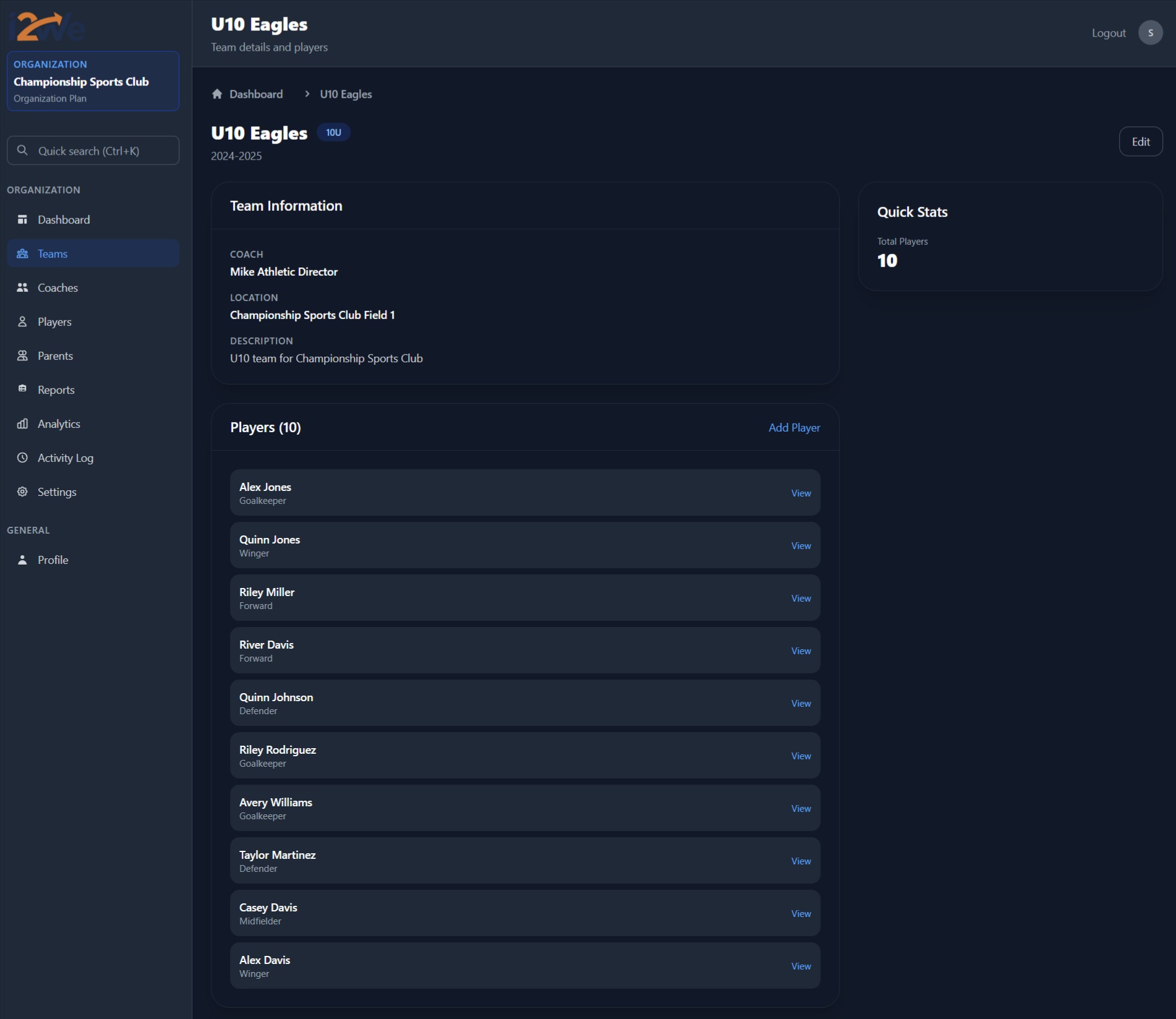 I2WE organization workspace: club dashboard and roster overview for directors and coaches